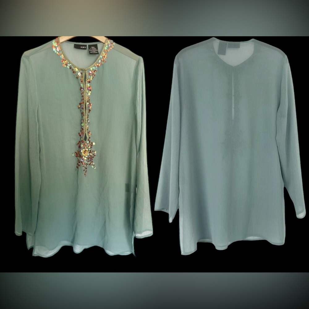 Chico Embellished Green Tunic Top Size Small (4)